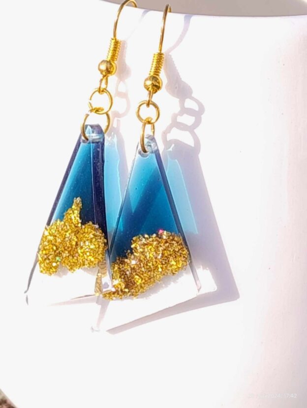 Triangle Gold/Blue Resin Earrings