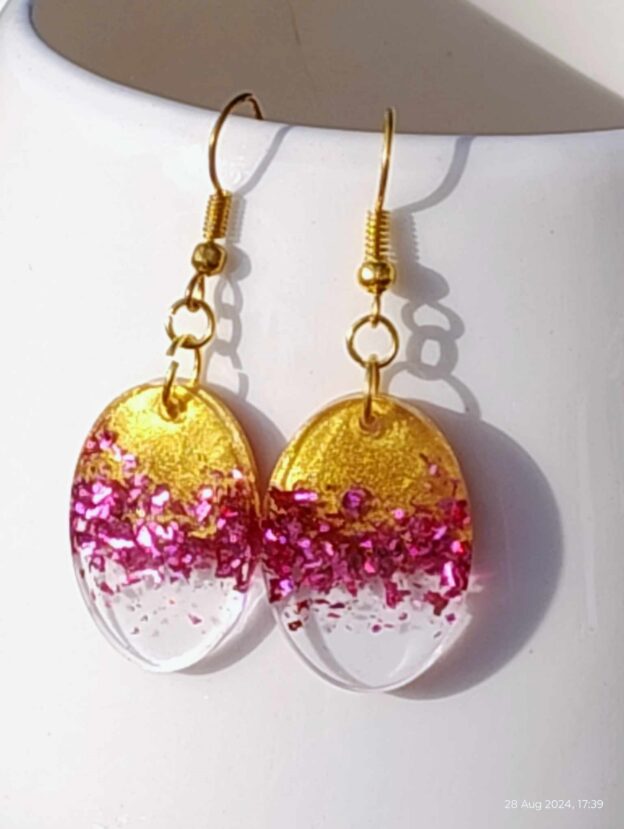 Oval Gold/Pink Resin Earrings