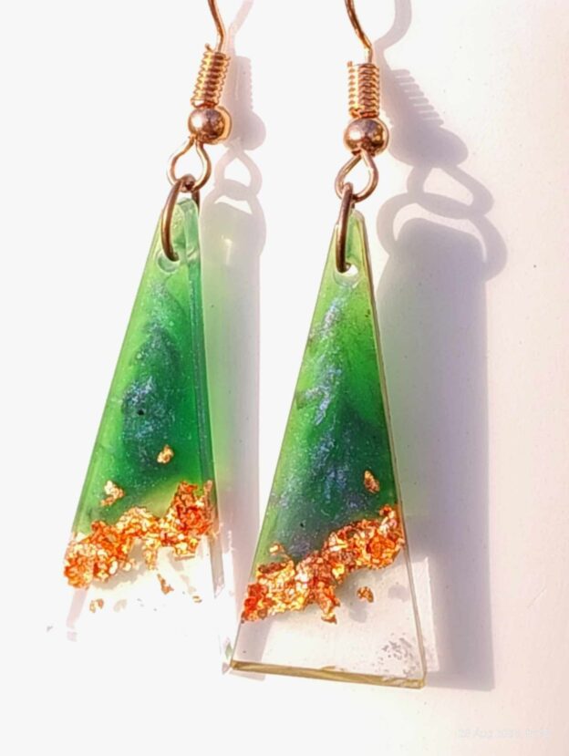 Triangle Gold/Green Resin Earrings