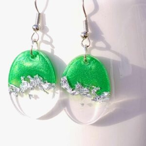 Oval Silver/Green Resin Earrings