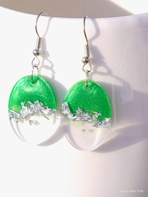 Oval Silver/Green Resin Earrings