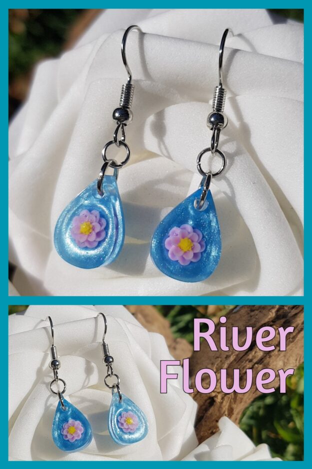 Handmade Blue Resin Droplet Earrings with Purple Flower Design - Image 2