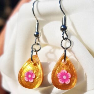 Gold and Pink Flower Droplet Earrings