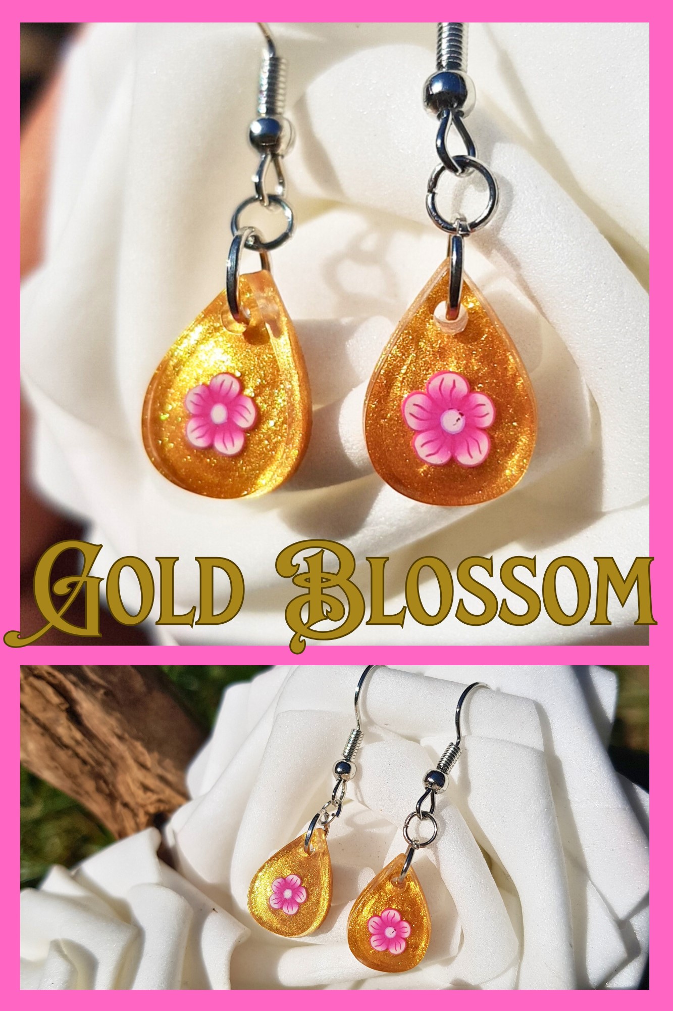 Gold and Pink Flower Droplet Earrings - Image 3