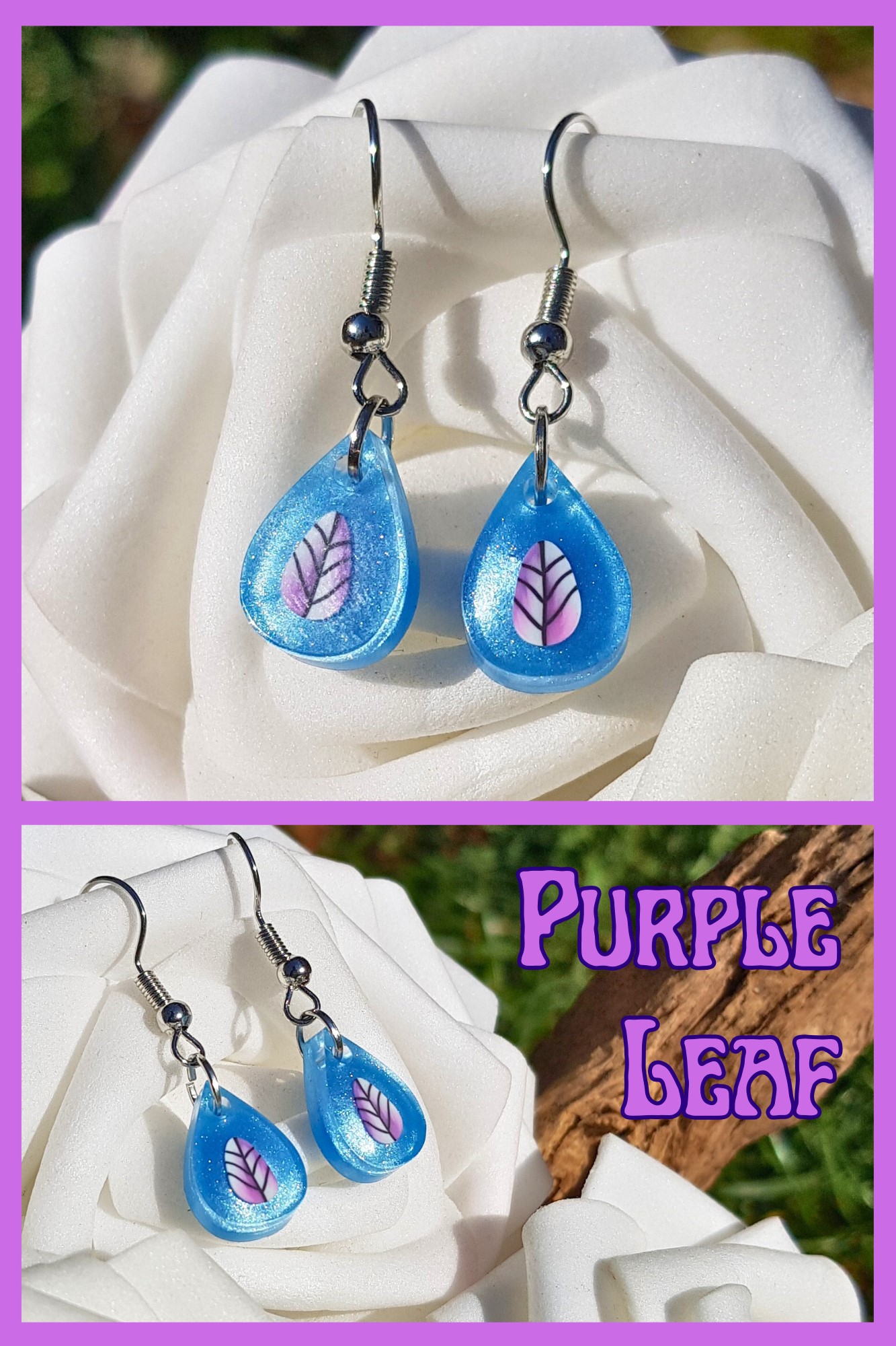 Blue and Purple Leaf Droplet Earrings - Image 2