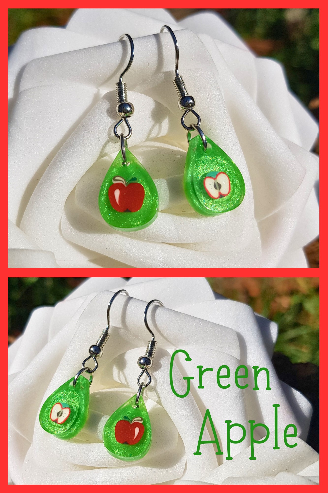 Green Resin Apple Droplet Earrings