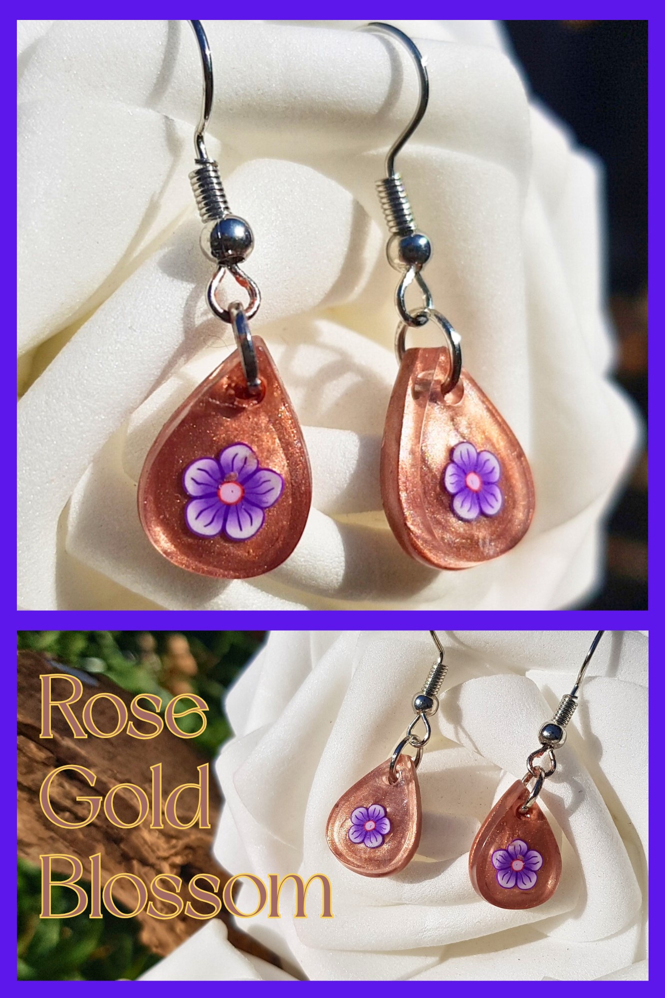 Gold Resin Droplet Earrings with Pink Flower - Image 3