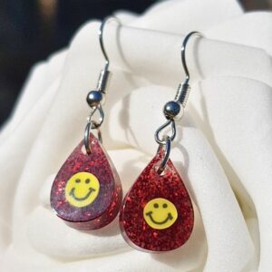 Retro Red Glitter Smiley Face Droplet Earrings