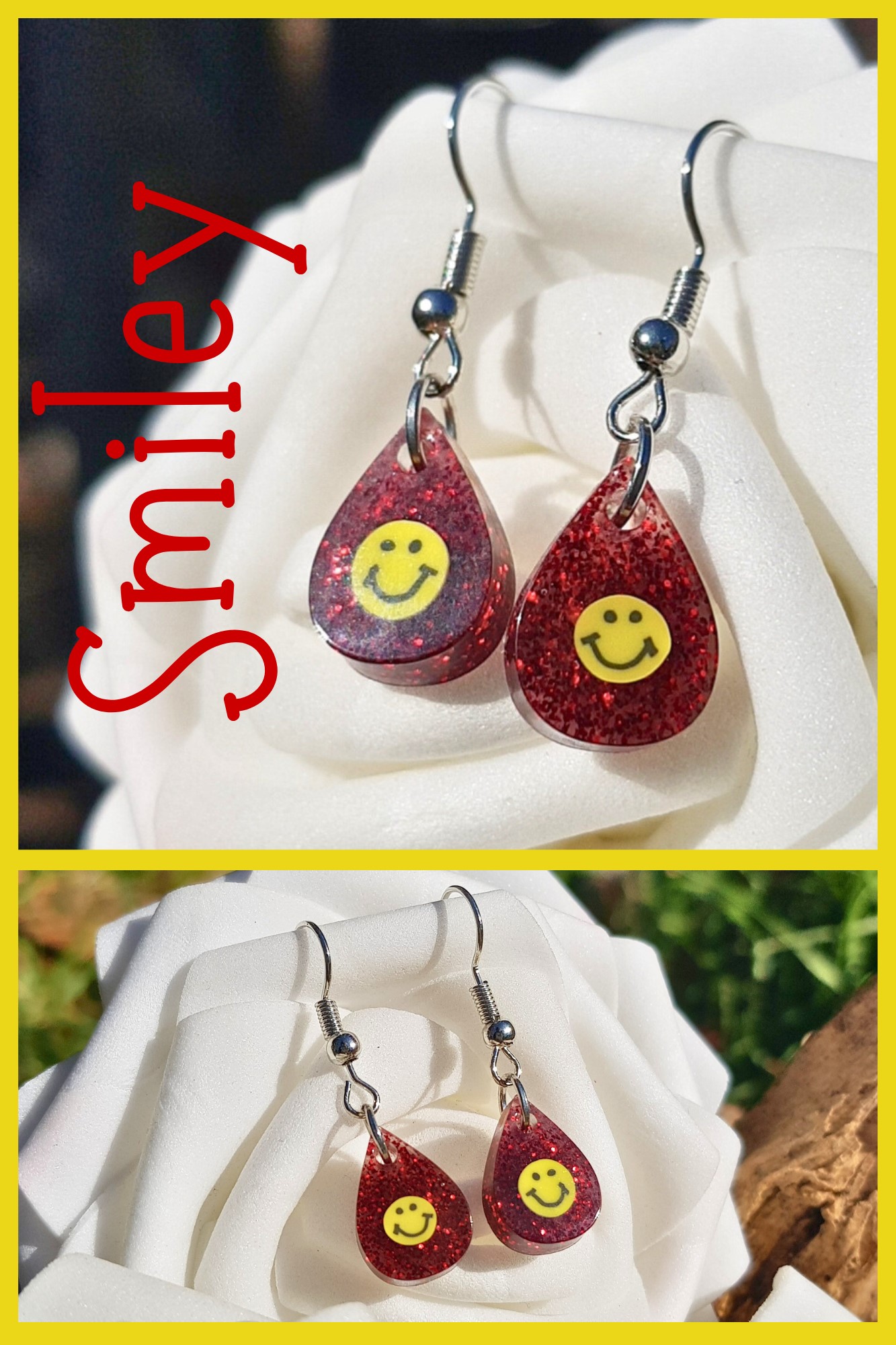 Retro Red Glitter Smiley Droplet Earrings - Image 2