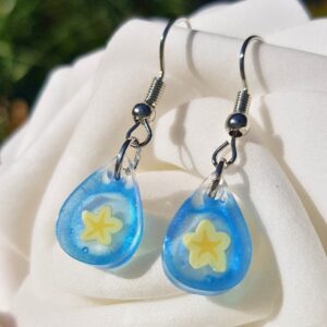 Handmade Blue Resin Droplet Earrings with Yellow Star Flower