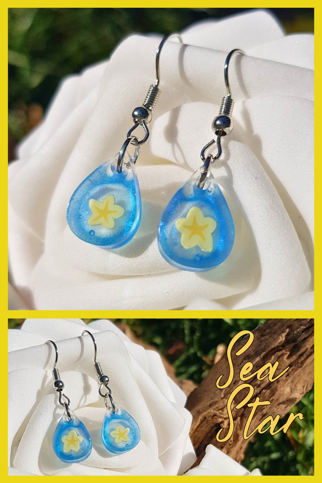 Handmade Blue Resin Droplet Earrings with Yellow Star Flower - Image 2